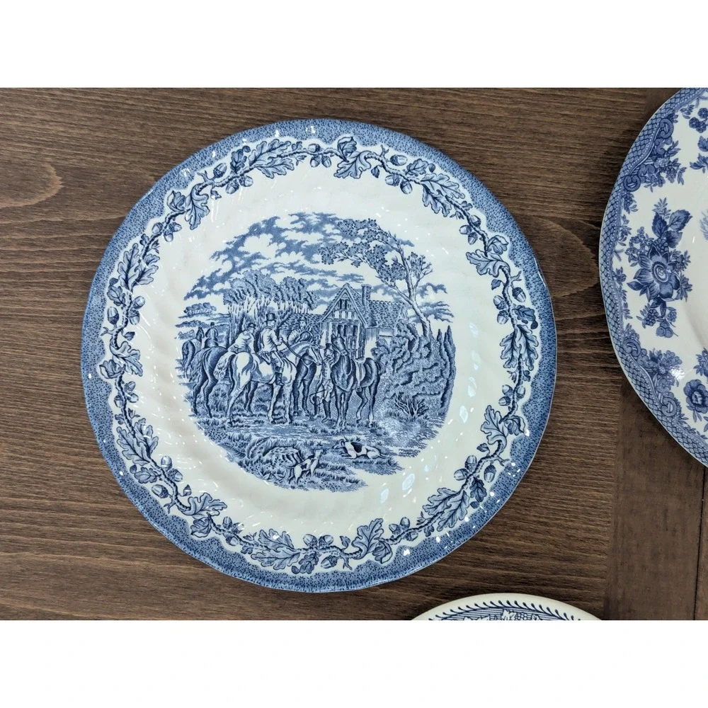 Vintage Blue White Transferware Plate Wall Gallery Set 8pc Mixed Sizes Cobalt